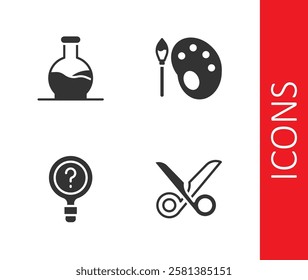 Set Scissors, Test tube, Unknown search and Paint brush with palette icon. Vector