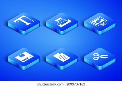 Set Scissors, Text, File document, Carton cardboard box, Ink bottle and Computer monitor screen icon. Vector