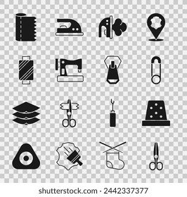 Set Scissors, Thimble for sewing, Safety pin, Electric iron, Sewing machine, thread spool, Textile fabric roll and Zipper icon. Vector