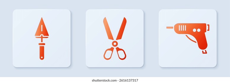 Set Scissors, Trowel and Electric hot glue gun. White square button. Vector
