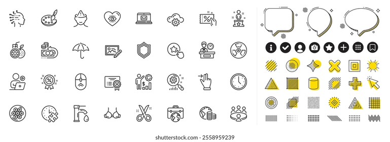 Set of Scissors, Video conference and Cable section line icons for web app. Design elements, Social media icons. Discount coupon, Meditation eye, Tap water icons. Vector