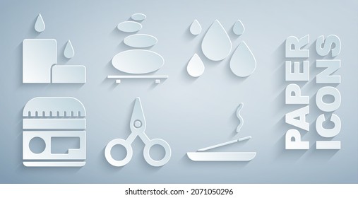 Set Scissors, Water drop, Cream lotion cosmetic tube, Scented spa stick, Stack hot stones and Burning candle icon. Vector