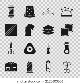 Set Scissors, Zipper, Textile fabric roll, Hanger wardrobe, Sewing pattern, thread on spool and Layers clothing textile icon. Vector