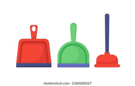 Set of scoop for cleaning concept. Equipment for household chores and cleanliness. Routine and purity. Template, layout and mock up. Cartoon flat vector collection isolated on white background