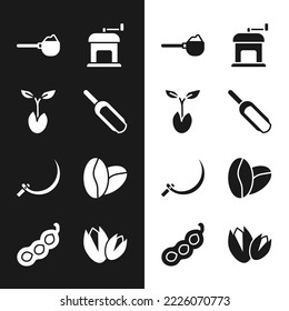Set Scoop flour, Sprout, Measuring cup with, Manual coffee grinder, Sickle, Coffee beans, Pistachio nuts and Green peas icon. Vector