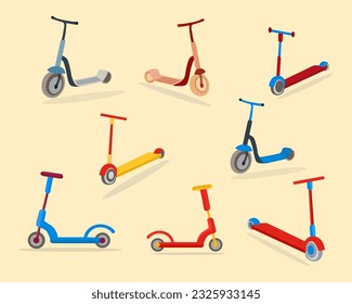 Set Of Scooter Bicycle Illustration Set With Minimal Design. Set Of Transport For Spring Scooters bike, Vector Transport Collection Bicycle Isolated On White Background.