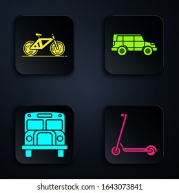 Set Scooter, Bicycle, School Bus and Off road car. Black square button. Vector