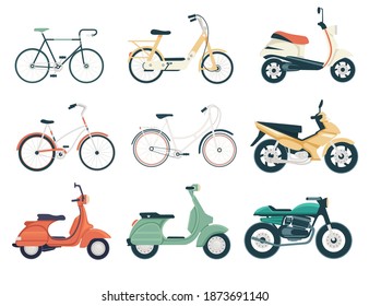 Set of scooter and bikes small city dual wheel transport for personal use or courier work flat vector illustration