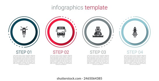 Set Scooter, autobús, barco de carga y cohete con fuego. Plantilla de infografía de negocios. Vector