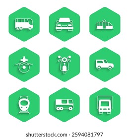 Set Scooter, Bus, Delivery cargo truck, Car, Tram and railway, Submarine,  and  icon. Vector