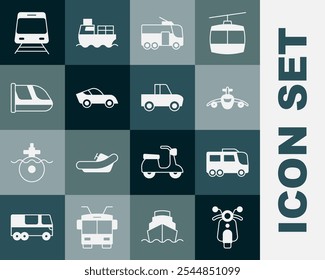 Conjunto de scooter, autobús, avión, trolebús, coche, tren y ferrocarril, y icono de camioneta. Vector