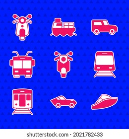 Set Scooter, Car, Speedboat, Train and railway, Trolleybus,  and  icon. Vector