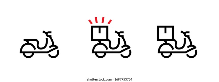 Set of scooter, cargo full and empty delivery bike icons. Editable line vector. The symbol is a simple motor scooter, with cargo for transportation, a box of goods. Group pictogram.