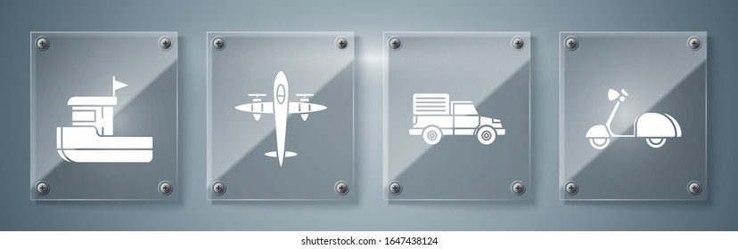 Set Scooter, Delivery cargo truck vehicle, Old retro vintage plane and Fishing boat. Square glass panels. Vector