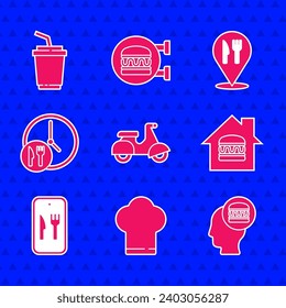 Set Scooter delivery, Chef hat, Online ordering and, Round the clock, Cafe restaurant location and Paper glass with water icon. Vector