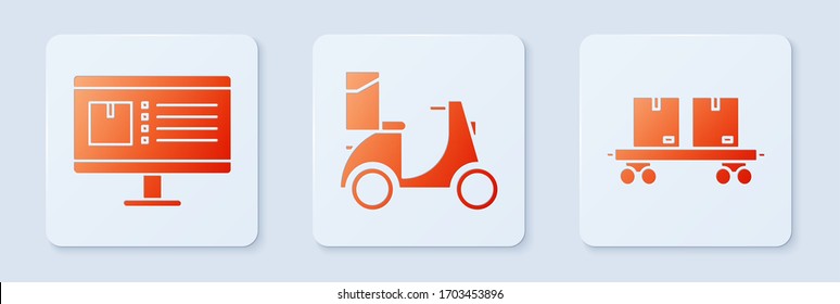 Set Scooter delivery , Computer monitor with app delivery tracking  and Railway carriage . White square button. Vector