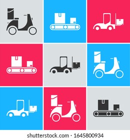 Set Scooter delivery , Conveyor belt with cardboard box  and Forklift truck  icon. Vector