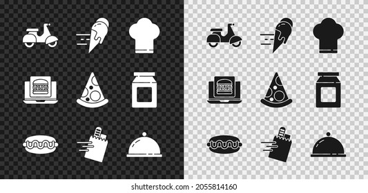 Set Scooter delivery, Online ordering ice cream, Chef hat, Hotdog sandwich, Covered with tray of food, burger and Slice pizza icon. Vector