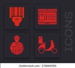 Set Scooter delivery , Scanner scanning bar code , Laptop with app delivery tracking  and Placeholder on map paper in perspective  icon. Vector