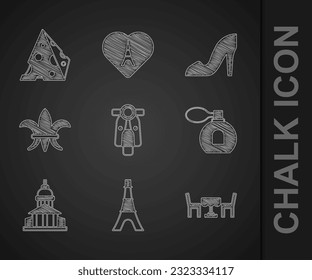 Set Scooter, Eiffel tower, French cafe, Perfume, Museum building, Fleur De Lys, Woman shoe and Cheese icon. Vector