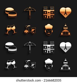 Set Scooter, Eiffel tower with heart, Museum building, Cook, Wine glass, Notre Dame de Paris, Macaron cookie and Umbrella for beach icon. Vector