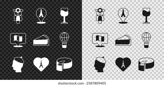 Set Scooter, Eiffel tower, Wine glass, French man, with heart, Cheese, Flag France and Cherry cheesecake slice icon. Vector