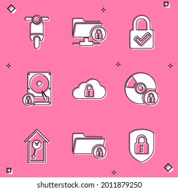 Set Scooter, FTP folder and lock, Lock check mark, Hard disk drive, Cloud computing and CD or DVD with icon. Vector