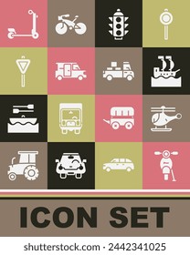 Set Scooter, Helicopter, Sailboat, Traffic light, Minibus, Road traffic signpost,  and Delivery truck icon. Vector