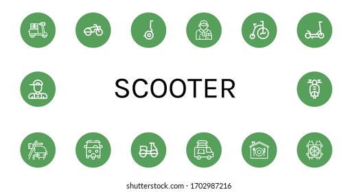 Set of scooter icons. Such as Moped, Motorcycle, Segway, Deliveryman, Tricycle, Scooter, Motorbike, Rickshaw, Food delivery, Home delivery, Pizza deliver, Delivery boy , scooter icons