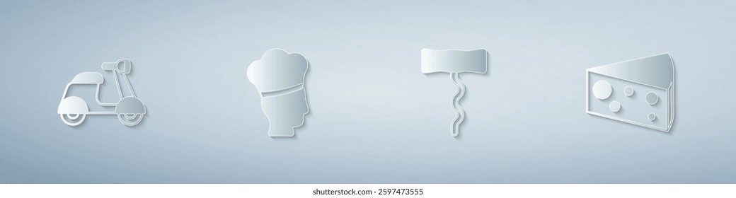 Set Scooter, Italian cook, Wine corkscrew and Cheese. Paper art style. Vector