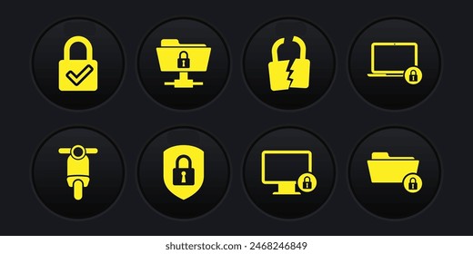 Set Scooter, Laptop and lock, Shield security with, Lock on monitor, Broken cracked and FTP folder icon. Vector