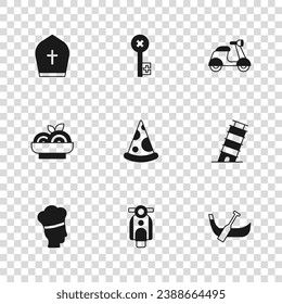 Set Scooter, Leaning tower in Pisa, Gondola boat, Slice of pizza, Pope hat, Old key and Pasta spaghetti icon. Vector