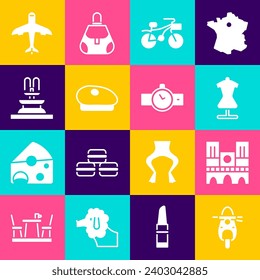 Set Scooter, Notre Dame, Mannequin, Bicycle, French beret, Fountain, Plane and Wrist watch icon. Vector