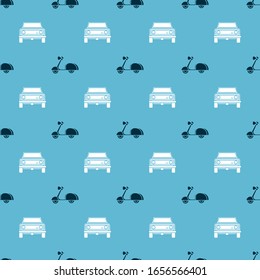 Set Scooter and Off road car on seamless pattern. Vector