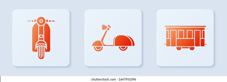 Set Scooter, Scooter and Old city tram. White square button. Vector