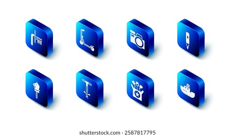 Set Scooter, Photo camera, Marker pen, Toy boat, Jack in the box toy, Pogo stick jumping, horse and Basketball backboard icon. Vector