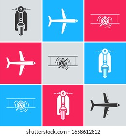 Set Scooter, Plane and Old retro vintage plane icon. Vector