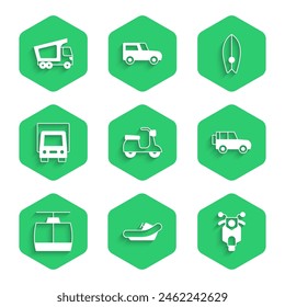 Set Scooter, Rafting boat, Off road car, Cable, Delivery cargo truck, Surfboard and  icon. Vector