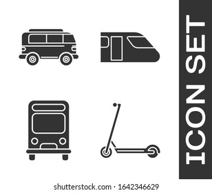 Set Scooter, Retro minivan, Bus and Train icon. Vector