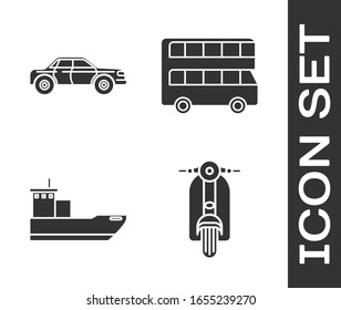 Set Scooter, Sedan car, Cargo ship and Double decker bus icon. Vector
