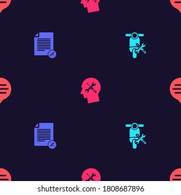 Set Scooter service, File document, Human head and Speech bubble chat on seamless pattern. Vector.