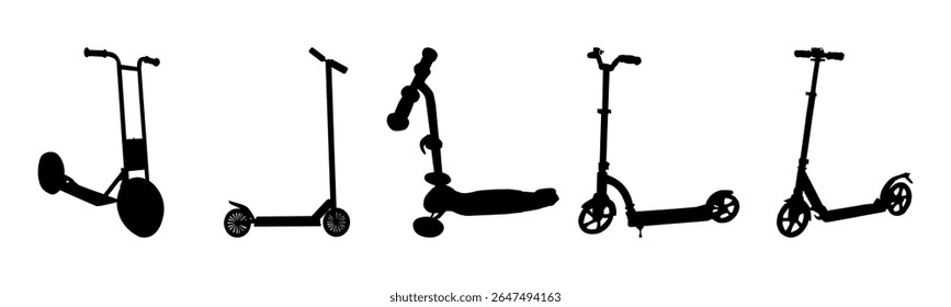 Set of scooter silhouette.Collection of different scooters.Active outdoor fun, leisure,relaxation and entertainment for kids and adult.Rental scooter and idea of city eco transport.Vector illustration