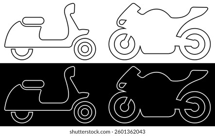 Set of Scooter and Sports Bike Icons in outline style. Minimalist Vector illustration isolated on Black and White backgrounds.