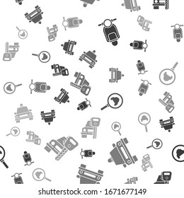 Set Scooter, Taxi car, Magnifying glass and taxi car and Car rental on seamless pattern. Vector