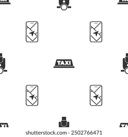 Set Scooter, Taxi car roof and City map navigation on seamless pattern. Vector