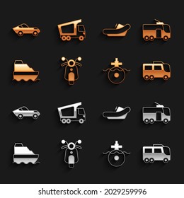 Set Scooter, Trolleybus, Bus, Submarine, Cruise ship, Rafting boat, Car and Delivery cargo truck icon. Vector