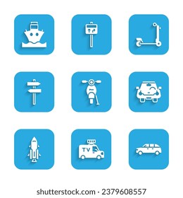 Set Scooter, TV News car, Hatchback, Car, Rocket ship with fire, Road traffic signpost,  and Cargo icon. Vector