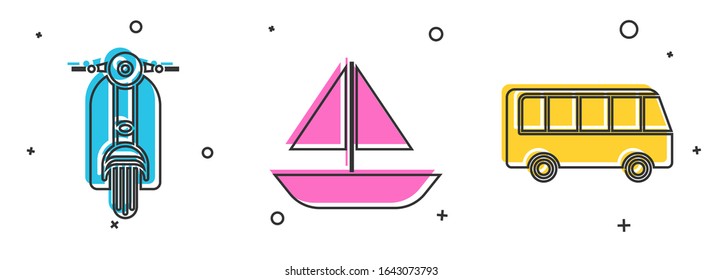 Set Scooter, Yacht sailboat or sailing ship and Bus icon. Vector