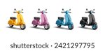 Set of scooters 3d render cartoon vector illustration, realistic detailed retro vintage classic scooter in modern graphic style in different colors