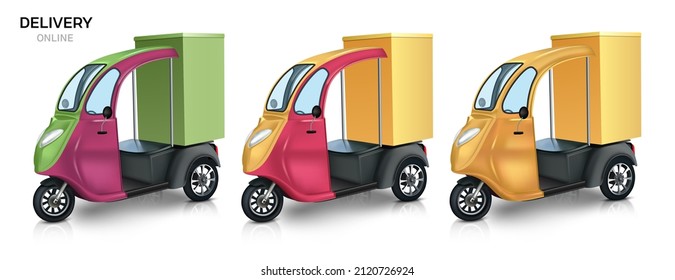 Set Of Scooters For Online Grocery Delivery. Grocery Delivery Van. 3D Realistic Illustration. Isolated On White Background. Vector.